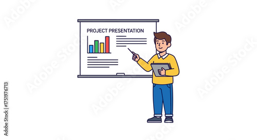 Illustrated man giving presentation with charts and holding digital device, in a business scenario
