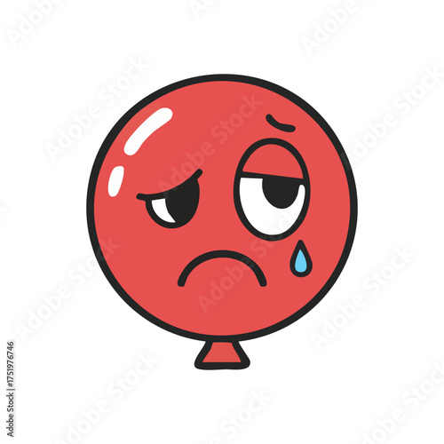 (Sad Red Balloon Character Emoticon. A vibrant crimson inflatable character displays deep sorrow, shedding a tear, symbolizing deflation or unhappiness. Ideal for conveying emotions.)