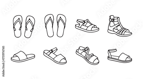 Collection of various summer footwear styles line art including flip flops and sandals vector
