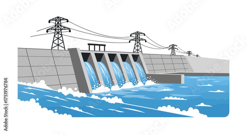 Hydroelectric power generation from dam creating clean alternative energy source illustration