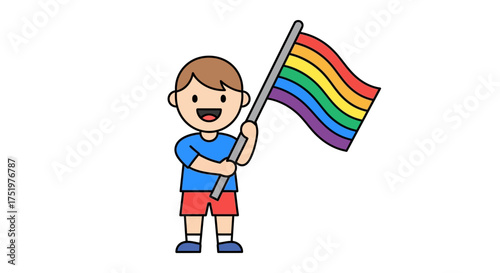Cartoon boy holding a rainbow pride flag symbolizing equality and inclusivity