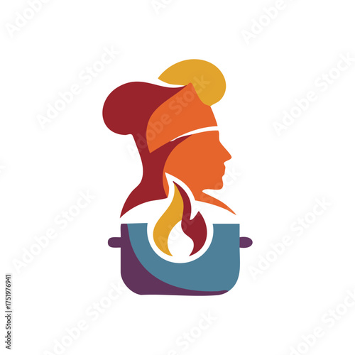 (Passionate Chef Cooking Art. Vibrant illustration depicting a professional cook's expertise. A creative design combining a toque-wearing profile, pan, and fire, symbolizing gourmet cuisine and.)