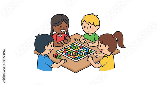 Cartoon illustration of diverse kids playing a colorful board game with joyful expressions