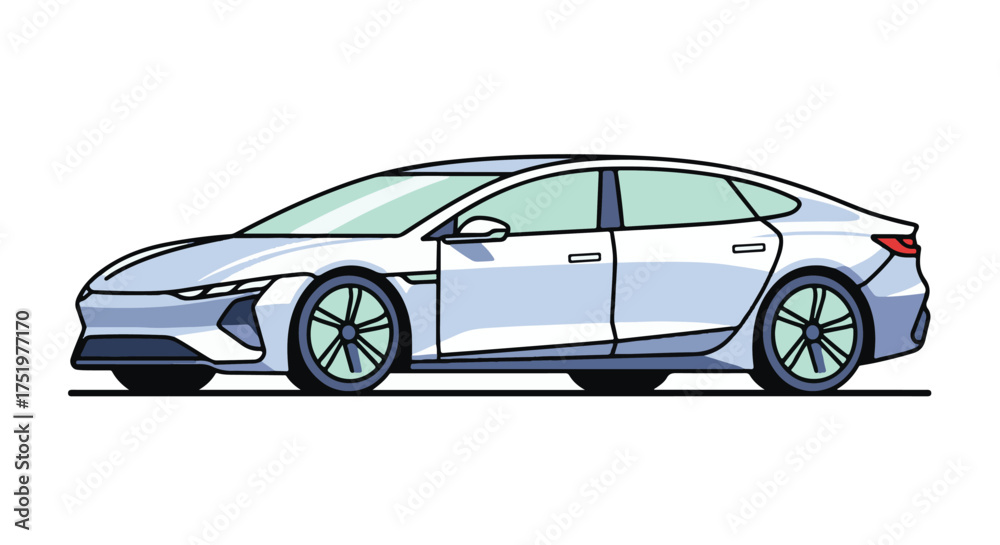 Obraz premium Futuristic Electric Sedan Car Flat Vector with Thick Lines, Eco Vehicle Design