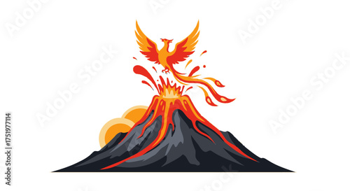 Volcanic eruption with phoenix rising from the lava, showcasing fire bird emblem illustration