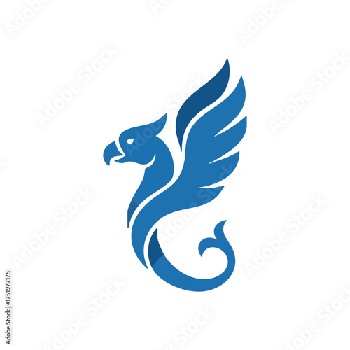 (Dynamic Blue Mythical Emblem. Modern azure winged figure with an elegant tail. This powerful graphic symbolizes strength, freedom, and deep wisdom.)