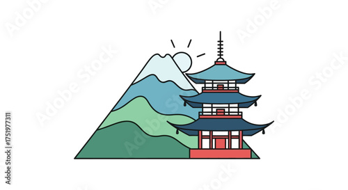 Illustrative depiction of a pagoda beside a majestic mountain on a white canvas