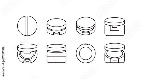 Set of cosmetic powder compacts and cream jars showing different views and designs vector
