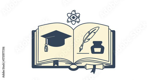 Visual representation of academic disciplines in an open book design with science symbols