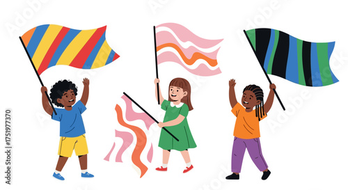Diverse group of children joyfully waving colorful flags, celebrating togetherness and unity,