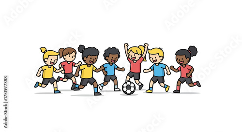 Diverse group of cartoon children joyfully playing soccer together in a sunny field