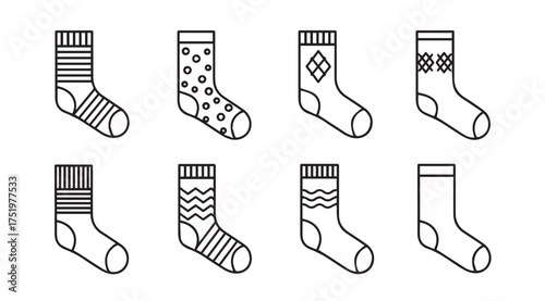 Set of eight cozy knitted socks featuring diverse patterns and stripes for winter comfort vector