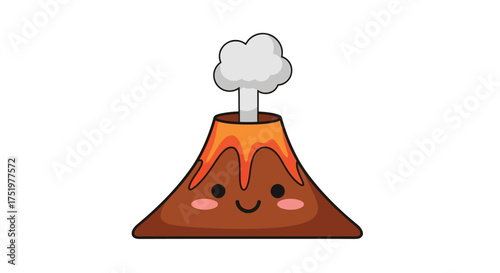 Adorable cartoon volcano with a cute face and a plume of smoke expressing joyful eruption