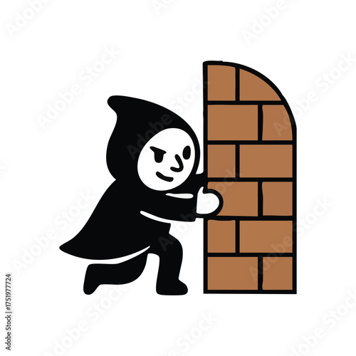 (Curious Cloaked Figure Peeking. An enigmatic character in a dark mantle stealthily observes from behind a brick structure. Symbolizes curiosity, caution, and playful intrigue.)