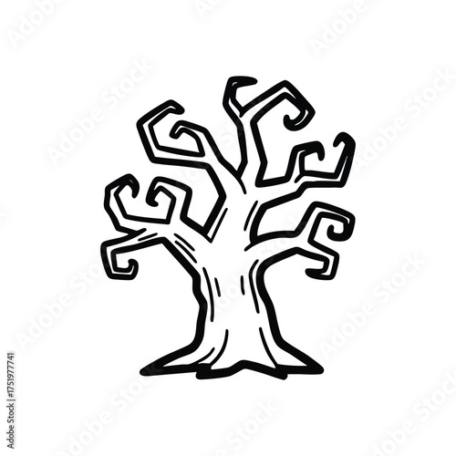 (Gnarled Spooky Tree Illustration. Hand drawn cartoon style artwork of a mysterious, twisted oak with bare branches. Excellent for Halloween or fantasy designs. Evokes age and mystery.)