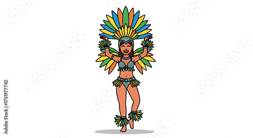 Joyful carnival dancer with colorful feathers headdress and costume performing traditional samba