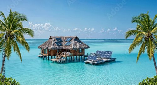 Overwater Bungalow with Solar Panels in Tropical Ocean Setting under Clear Sky for Eco-Friendly Travel Visual

