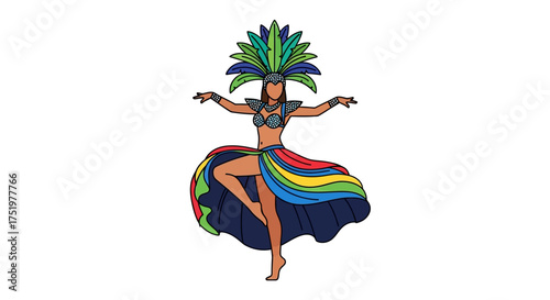 Vibrant carnival dancer with colorful feathers and rhythmic motion conveying celebration