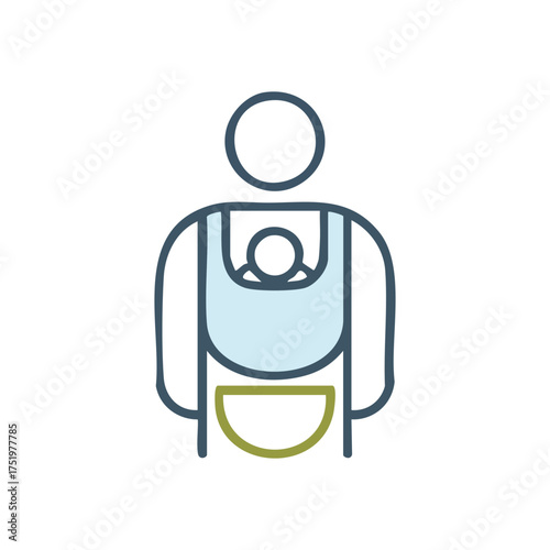 (Parent with Baby Carrier Icon. This modern graphic depicts an adult gently holding an infant in a secure front sling. It conveys nurture, familial bond, and attentive guardianship.)