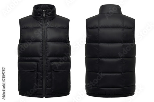 Vest featuring a black padded design with a full-length zipper and multiple pockets, ideal for cold weather wear