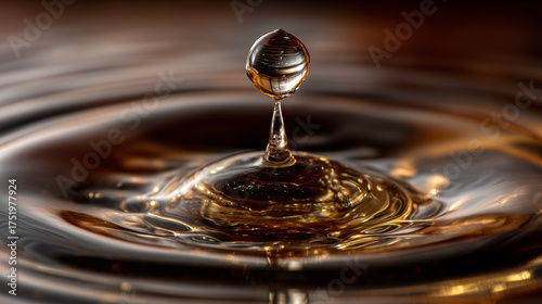 A droplet of a dark beverage creating a ripple, backlit with golden light.