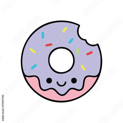 (Cute Bitten Donut Delight. A cheerful confectionery illustration featuring lavender glaze, vivid sprinkles, and a charming smile. This image radiates joy and sugary cravings.)