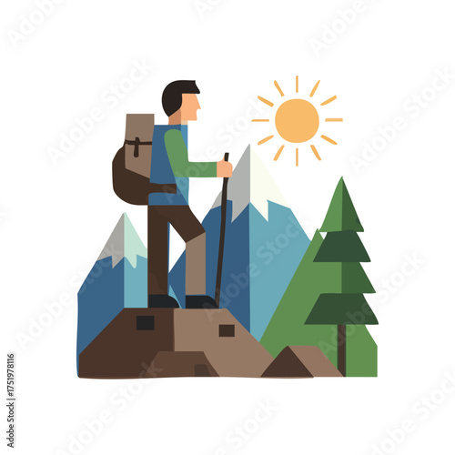 (Outdoor Explorer Mountain Trekker. Vivid portrayal of a solitary voyager traversing rocky slopes under a bright sun. Embodies personal growth, seeking nature, and reaching new heights.)