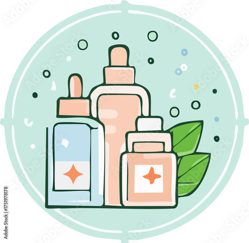 Illustration of skincare products in bottles and jars with leaves.