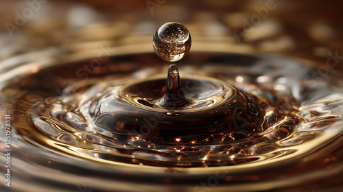 A droplet of a dark beverage creating a ripple, backlit with golden light.
