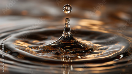 A droplet of a dark beverage creating a ripple, backlit with golden light.