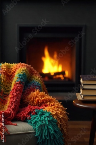 Warm Hearth Shared Moments A Cozy Home Corner Evoking Family Love and Comfort. A cozy living room corner with a glowing fireplace, a soft, plush blanket draped over a comfortable armchair, a stack of