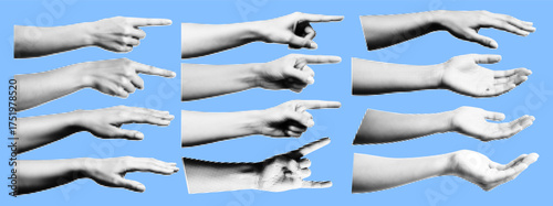 Halftone pop art collage of hands with gestures pointing, open palm, holding and showing signs with halftone texture isolated on blue background
