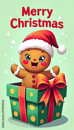 Adorable gingerbread man wearing a santa hat popping out of a festive green gift box with a red ribbon, wishing merry christmas with sparkling
