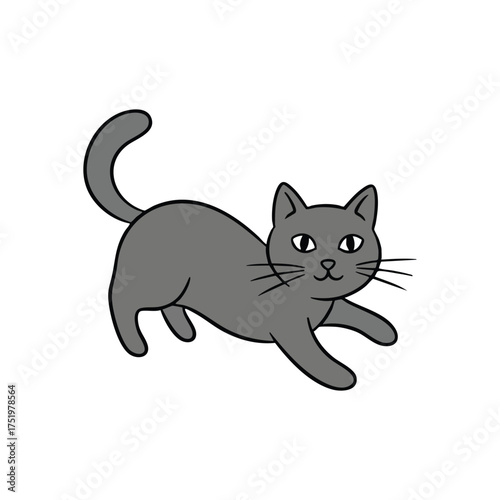(Pouncing Grey Cartoon Cat. A charming hand-drawn domestic feline depiction shows a lively kitty leaping. This minimalist artwork conveys happiness and playfulness.)