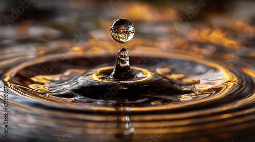 A droplet of a dark beverage creating a ripple, backlit with golden light.
