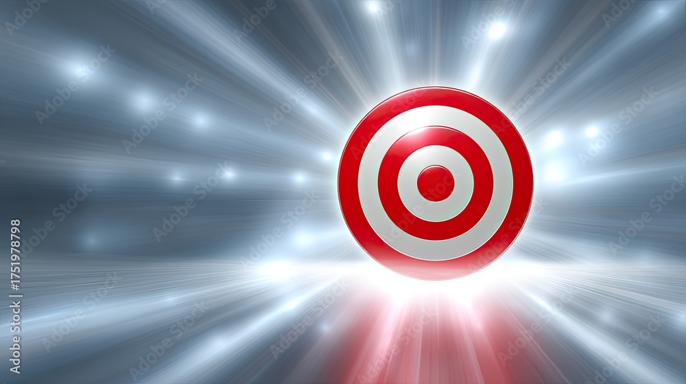 Fototapeta premium Bright Red Target Symbol with Dynamic Light Rays Emitting in Background for Conceptual Purpose