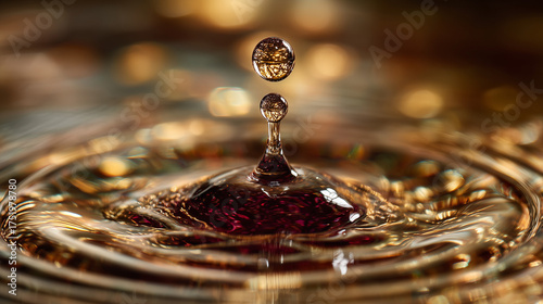 A droplet of a dark beverage creating a ripple, backlit with golden light.
