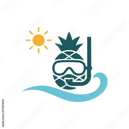 (Tropical Pineapple Snorkel Icon. This charming illustration features a vibrant fruit wearing a dive mask on a blue ocean ripple, under a golden sun. It evokes blissful summer holidays, island.)