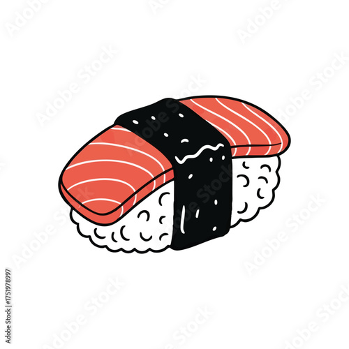 (Fresh Salmon Nigiri Art. This charming sketch captures the essence of classic salmon sushi. Its simple yet vibrant design evokes a feeling of delicious Asian fare.)