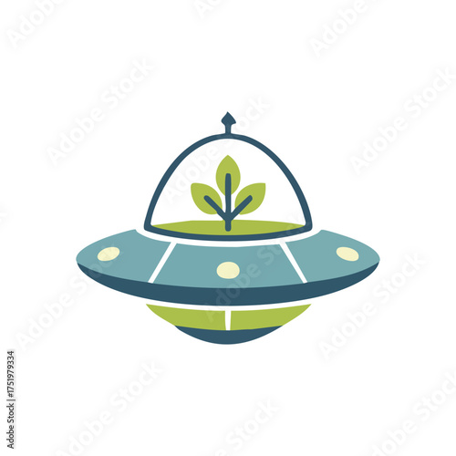 (Plant Powered Flying Saucer. This charming illustration features a disc-shaped craft nurturing a verdant seedling. It symbolizes ecological innovation, sustainable progress, and cosmic life.)