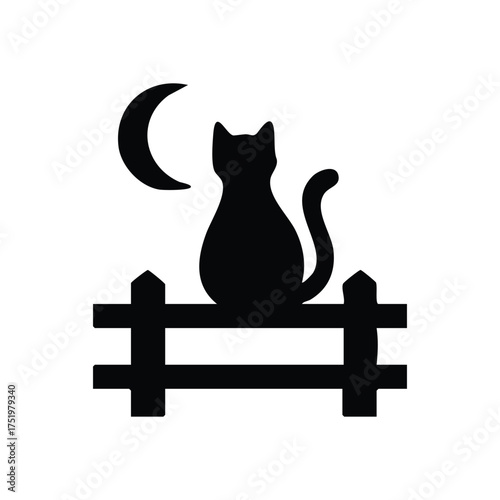 (Black Cat Moon Fence Silhouette. Elegant dark feline perches on a boundary under a luminous moon. Evokes nocturnal mystery, independence, and Halloween spirit.)
