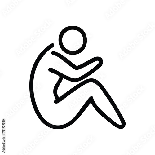 (Solitary Human Figure Icon. Abstract pictogram showing a person crouching with knees drawn, suggesting introspection, sadness, and emotional distress. Represents feelings of loneliness and seeking.)
