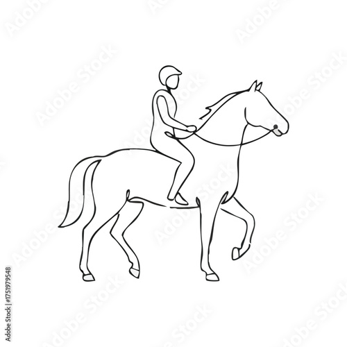 (Equestrian Line Art Minimalist Style. Elegant continuous drawing of a rider on a majestic equine. Symbolizes grace, skill, and the harmonious bond in horsemanship.)