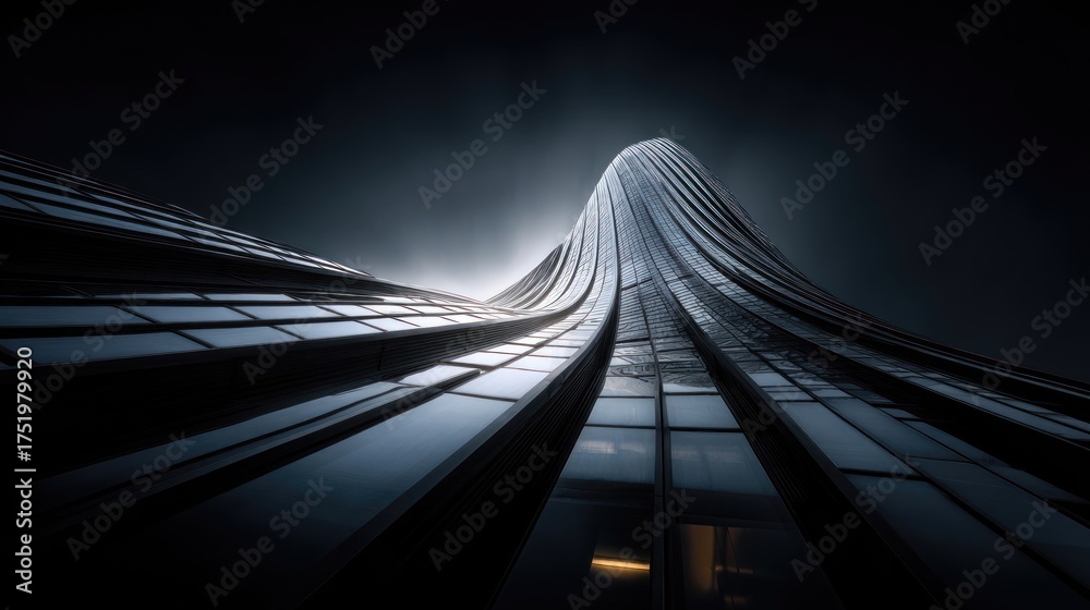Obraz premium Dramatic Architectural Perspective: Curving Modern Skyscraper Against Dark Sky