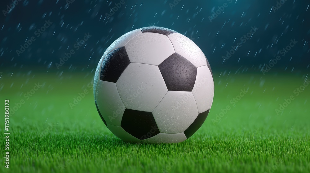 Naklejka premium A Close-Up of a Classic Soccer Ball on Rainy Green Grass with a Gentle Blur in the Background, Perfect for Sports-Themed Designs and Advertisements