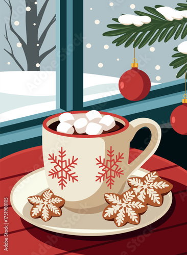 Warm vector illustration. A cup of hot cocoa with marshmallows, cookies against a window, winter landscape. Creates a cozy, festive mood. For Christmas, New Year's cards, seasonal decor, social media