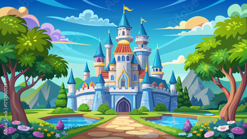 
Very beautiful Cinderella-style castle in a magical amusement park in Orlando, Florida, surrounded by lush gardens under a clear blue sky.