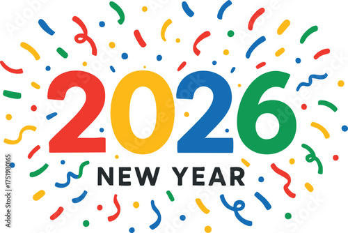 2026 New Year colorful numbers with confetti on white background celebration