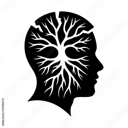 black silhouette of a cracked head with branching roots symbolizing stress and mental strain