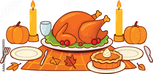 Thanksgiving dinner table with roasted turkey, pumpkin pie, candles and pumpkins